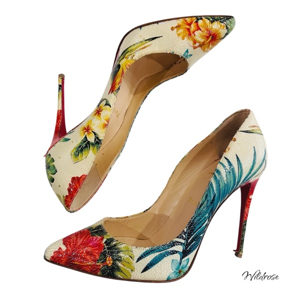 CHRISTIAN LOUBOUTIN Hawaii Crackled Calf Pigalle Pointy Toe Floral Heels SZ 38 - Picture 9 of 17
